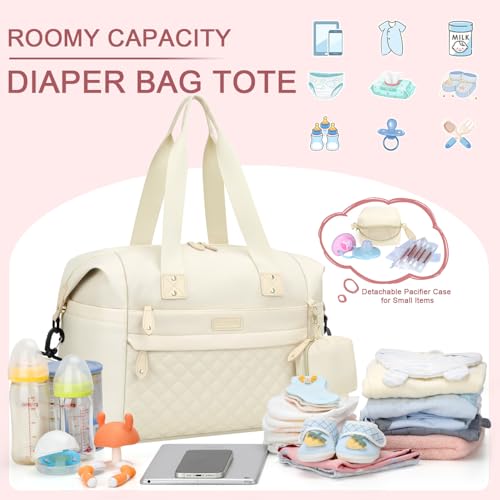 Image of Pritent Diaper Tote, Baby Bags with Pacifier Case, Shoulder Straps, Stroller Clips, Waterproof Mommy Bag - Medium, White