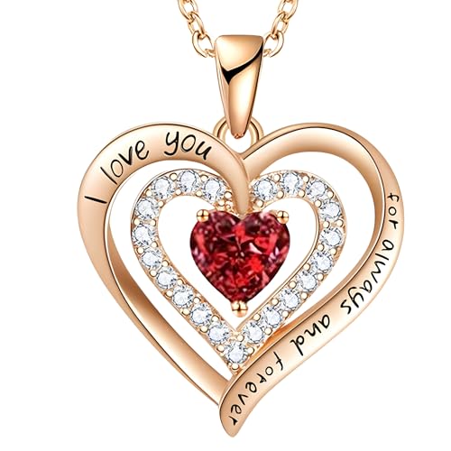 Collier grenat de janvier gravé I Love You pour exprimer votre amour avec un cœur or rose