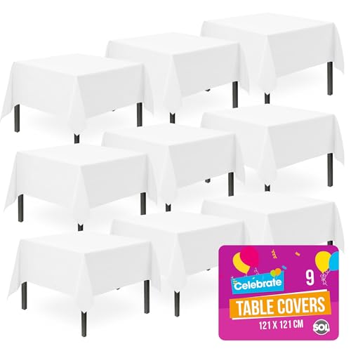 SOL 9pk White Table Cloth Party 121x121cm Plastic Cover Tablecloth Disposable for Parties - Heavy Duty Spill Protection - Opaque Design for Weddings, Buffets, Catering, Gender Reveals & Events