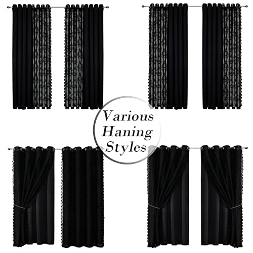 Black Curtains For Living Room 95" Long Double Layer Solid Blackout And Lace Sheer Grommet Energy Efficiency Set Of 4 Piece Kids Girls Curtain Panels For Holiday Hotel Office Balcony, 52" Width #TOP5