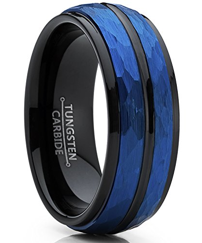 Metal Masters Co. 8mm Blue and Black Dome Tungsten Carbide Wedding Band Ring with Hammered Brushed Finish Size 10