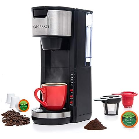 Mixpresso Single Serve Coffee Brewer K-Cup Pods Compatible & Ground Coffee, 30 oz Compact Coffee Maker Single Serve With 5 Brew Sizes Up To 14 Oz, Fits Travel Mug, Adjustable Drip Tray, Black Cover