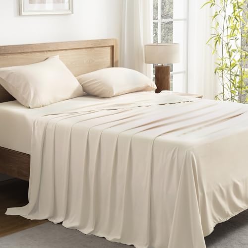 Image of Andency Beige Full Sheets Set 100% Viscose Derived from Bamboo | Cooling Summer Sheets, Deep Pocket Up to 16 inch, Silky Soft Hotel Luxury Breathable Bedding Sheets & Pillowcases