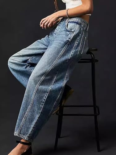 Women's Barrel Jeans Vintage Wide Leg Mid Rise Baggy Boyfriend Denim Ankle Pants3