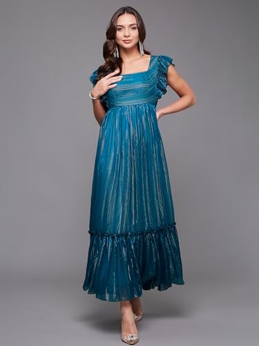 Image of Miss Chase Women's Round Neck Sleeve Embellished Fit Flare Maxi Dress