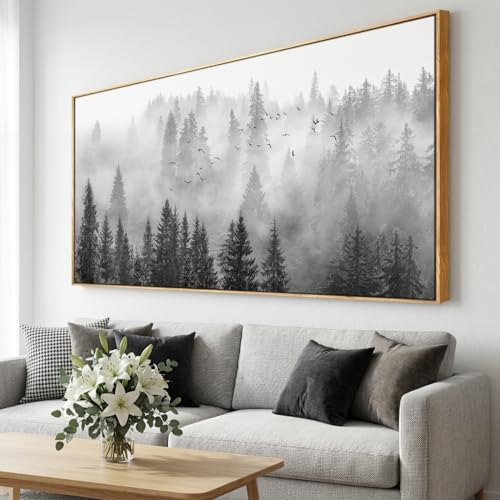 Image of vgrozirh Framed Ready to Hang Wall Art Foggy Forest Black and White Wall Art Nature Landscape Mountain Photographic Printed on Canvas for Bedroom Living Room Office Home Decor 30 inchx60 inch