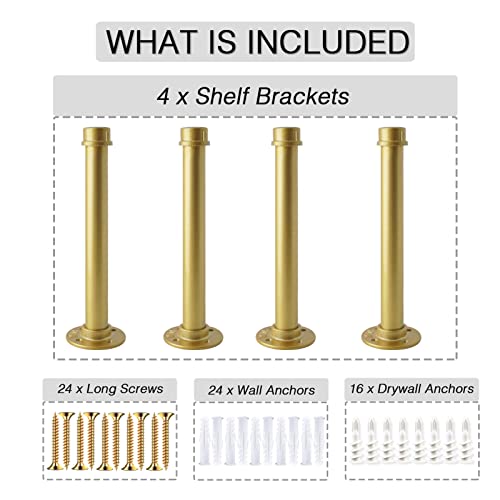 Ovov Industrial Pipe Shelf Brackets 3/4 Heavy Duty Iron Wall Mounted Gold Floating Shelf Hanging Clothes For Bedroom Clothing Store Bathroom With Screws (Gold) 10Inch #TOP1