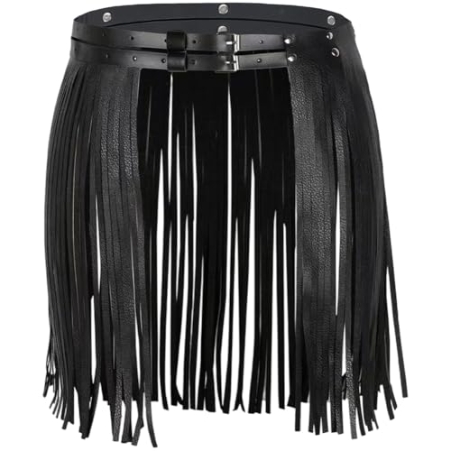 PU Leather Wide Tassel Waist Belt for Women Black Western Punk Leather Fringe Skirt Belt Vintage