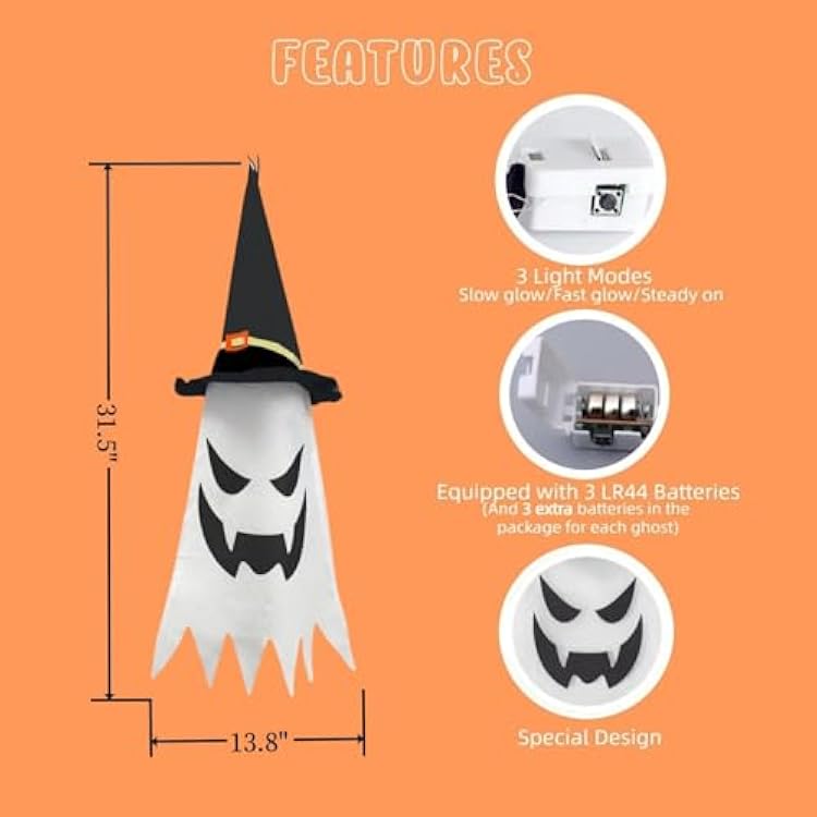 31.5 (3Pcs) Halloween Decorations Outdoor Indoor Hanging Ghosts Witch Hat, Glowing Witch Hat Halloween Ghost Decor for Room,Yard,Garden,Tree,Eaves,Party