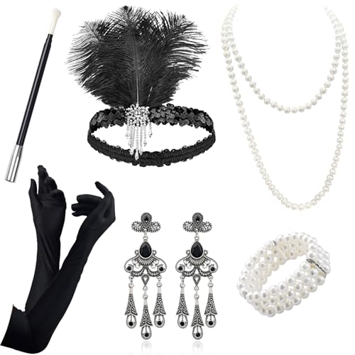 VEGCOO 20er Jahre Accessoires,1920er Jahre Kleidungs Set Vintage Kleidungszubehör einschließlich Stirnband Halskette Handschuhe Ohrringe Armband Requisiten Set (Silber)