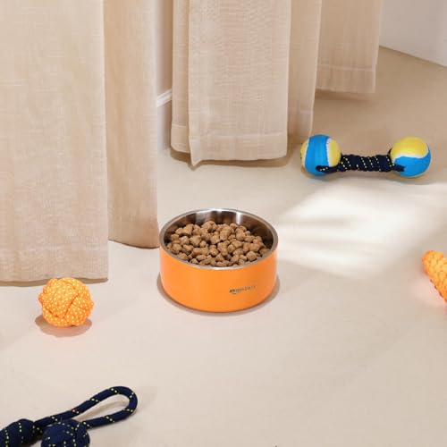 Image of Amazon Basics Quintessential Double-Walled Stainless Steel Premium Pet Bowl | 1200 Ml | Medium | for Dogs, Cats, and Pets | Orange