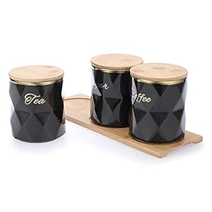 BTSKY Black Ceramic Sugar Coffee Tea Canisters with Lid and Tray – Airtight Set of 3 Storage Canisters Food Storage Containers Pots Jars with Bamboo Lid for Kitchen Counter