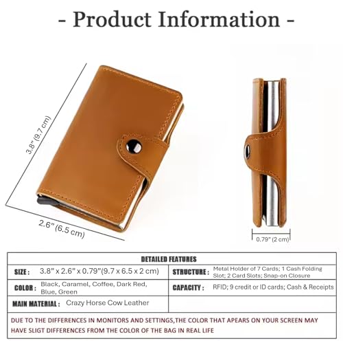 Genuine Leather Front Pocket Wallet Card Holder for Men with Snap Closure, Metal Pop Up Card Holder Case, Crazy Horse Leather Minimalist RFID Blocking (Dark Red)2