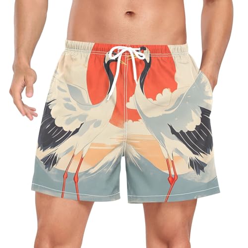 Crane Landscape Red Mens Swim Trunks with Liner, Cool Quick Dry Beach Swim Shorts, Swimwear Bathing Suits S