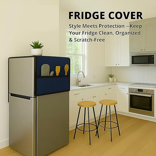 Image of Refrigerator Single Door Waterproof, Dustproof, Refrigerator Top Cover, Protective Cover for Fridges with Extra Storage Space Nylon Top cover with 6 Storage Pockets (Navy Blue,130 x 54 cm)