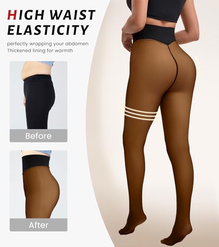 ciksob Fleece Lined Tights Women Winter Thermal Leggings Pantyhose Fake Translucent Hight Waist Thick Warm Sheer Stockings (Small, Dark Brown) - image 4
