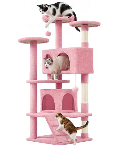 Yaheetech Arbre à Chat 139 cm, Arbre à Grimper avec 2 Niches 3 Plateformes 2 Boules en Sisal Multi-Niveaux Idéal pour 3-4 Chats, Rose