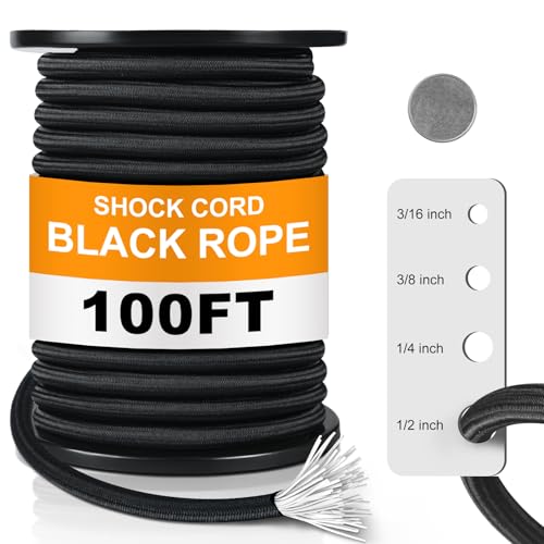 Wesnoy 1/2 Inch 100 ft Bungee Shock Cord Rope Heavy Duty Kayak Bungee Elastic Stretch Shock Cord Black Polyester Stretch Rope for DIY Projects Kayak Strap Tie Downs Camping Tent Crafting