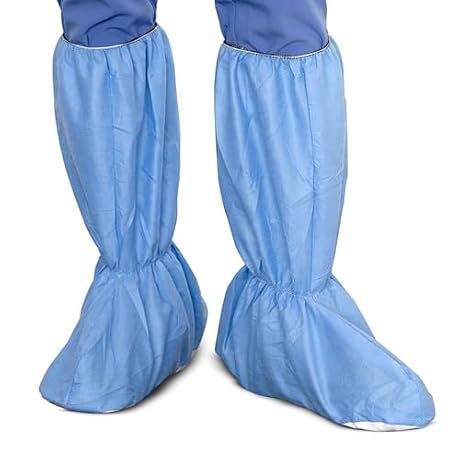 Quest Traction Disposable Boot & Shoe Covers 18" Tall – Non-Slip, Water-Resistant Protective Overshoes, Blue, Medium, 50 Pairs for Cleanroom, Medical & Industrial Use