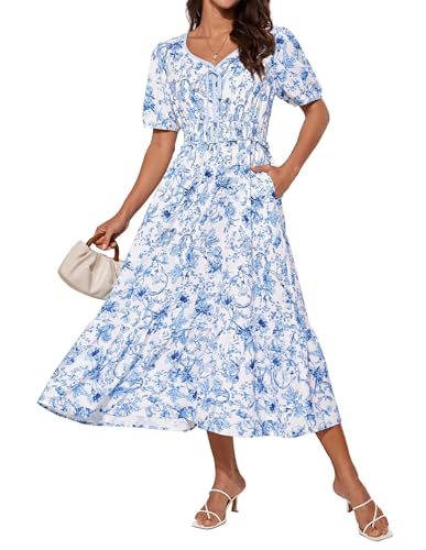 GRACE KARIN 2025 Women's Summer Floral Flowy A Line Midi Dresses Elegant Short Sleeve Smocked V-Neck Tiered Dresses