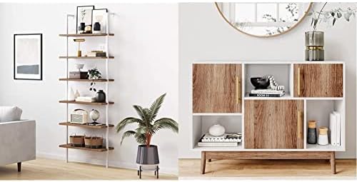 Nathan James Theo 6-Shelf Tall Bookcase, Wall Mount Bookshelf, Rustic Oak/White & Ellipse Multipurpose Storage Cabinet, Entryway Modern Buffet or Kitchen Sideboard with Glam Gold Brass Accent, White