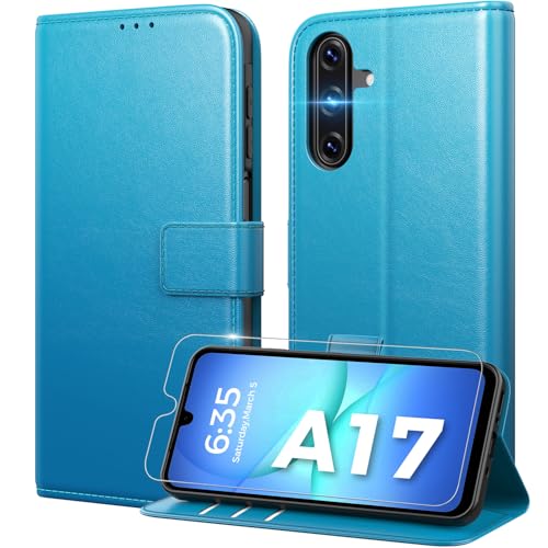 Peakally Capa para Samsung Galaxy A17 com tampa, [protetor de ecrã] [bloqueio RFID] [ranhura para cartão] capa livro capa para Samsung A17 5G PU capa [suporte], azul brilhante