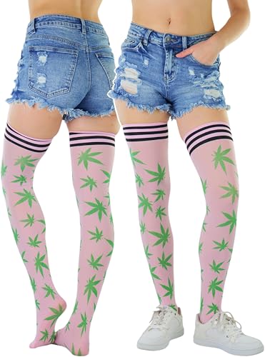 Image of ToBeInStyle Women's Thigh High Stockings Bodystocking Tights Medicinal Cannabis Marijuana Weed Leaf Print Festival Hosiery