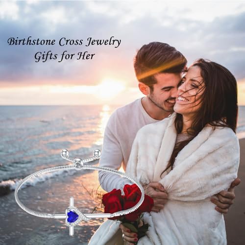 TOUPOP Birthstone Cross Bracelet for Women 925 Sterling Silver Cross Heart Bracelet Fine Jewelry Birthday Christmas Gifts for Her Girlfriend4