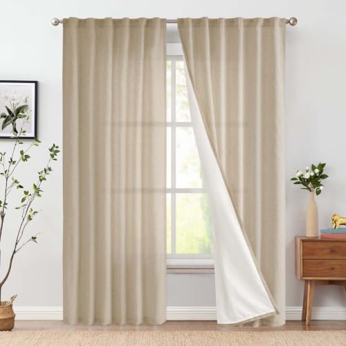 Image of jinchan Lined Linen Curtains Privacy Back Tab 50x108 Inch 2 Panels Taupe