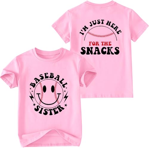 NQIQO Baseball Sister Shirt for Toddler Girls I'm Just Here for The Snacks Cute Baseball Smile Face Tshirt Pink 3-4T