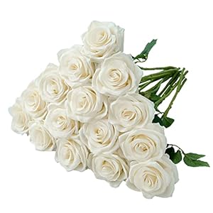 15pcs Ivory Roses Artificial Flowers Silk Fake Flowers Realistic White Roses Bouquet Long Stem for Wedding Home Party Birthday Decoration