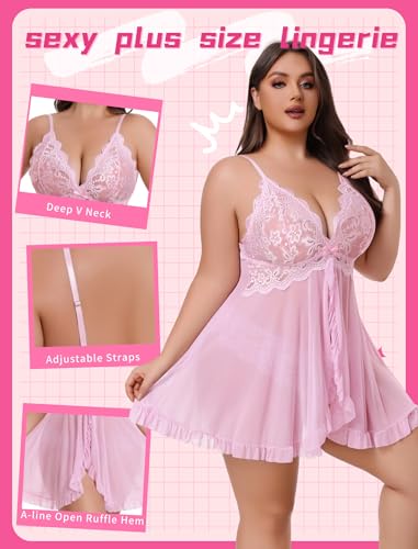 Image of Avidlove Plus Size Lingerie for Women Sexy Lingerie Dress Lace Babydoll Lingerie V-Neck Open Front Strap Nightdress