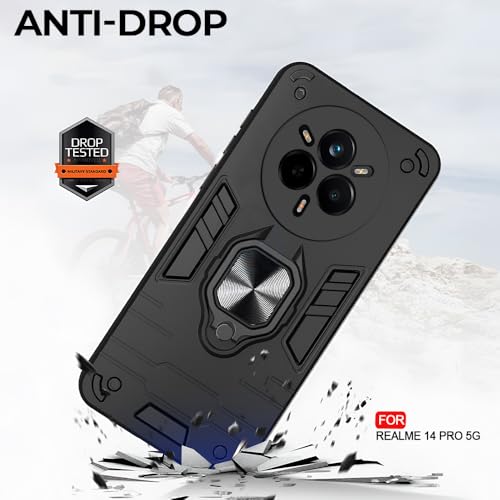 Image of AESTMO Realme 14 Pro 5G Back Case Cover | Tough Armor Bumper | Ring Holder & Kickstand in-Built | 360 Degree Protection Cover for Realme 14 Pro 5G (Black)