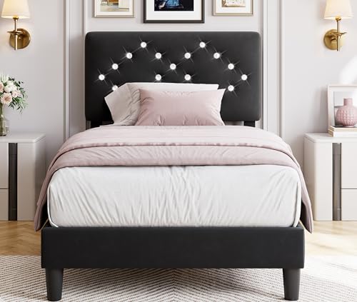 GAOMON Twin Bed Frame with Headboard, Upholstered Platform Bed Frames Twin Size with Crystal Diamond Tufted for Girls/Kids Easy Assembly, Wooden Slats Support, No Box Spring Needed, Black