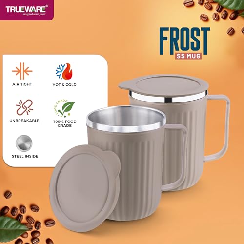 Image of Trueware Frost Unbreakable Mugs 400 ml with Cap Stainless Steel Plastic Covered Travel Mug with lid for Tea, Coffee, Milk (Peach)