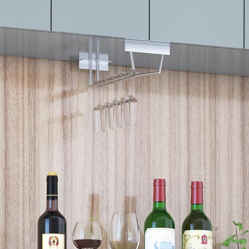 Image of Klaxon Premium Under Cabinet Wine Glass Holder - Space-Saving, Upside-Down Storage for Home, Mini Bar & Pub, Stainless Steel Hanging Rack Organizer (Single Line - Pack of 1, Silver)