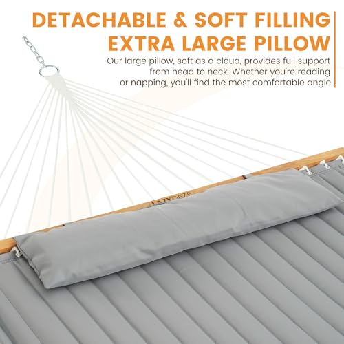 Image of Lazy Daze Hammocks 12 FT Double Quilted Fabric Hammock with Spreader Bar and Detachable Pillow, 2 Person Double for Outside Patio Backyard, 450lbs Capacity, Light Gray