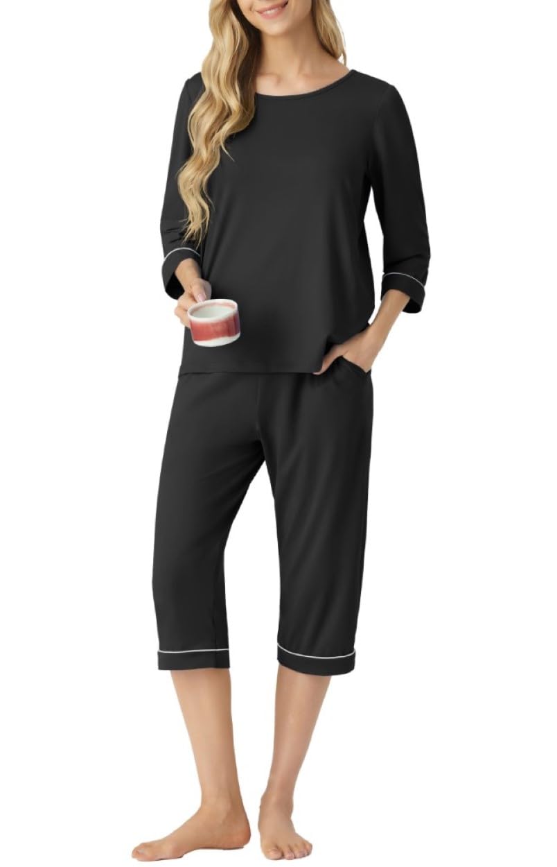 PrinStory Damen Pyjama Set Rundhalsausschnitt 3/4 Ärmel Nachtwäsche Loungewear Set Mit Taschen