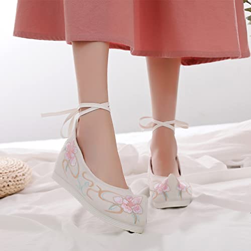 Chinese Ancient Embroidered Hanfu Shoes: 1 Pair Chinese Style Shoes Cloth Vintage Embroidery Mary Lace- up Shoes for Ladies Girls3