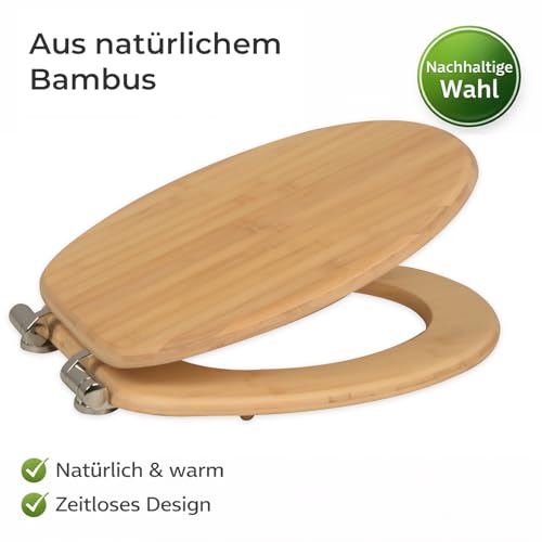sanicomfort WC-Sitz Bambus mit Absenkautomatik | Toilettensitz aus Echtholz | Soft-Close | Antibakteriell, belastbar, oval, universell | Edelstahl-Scharniere – light