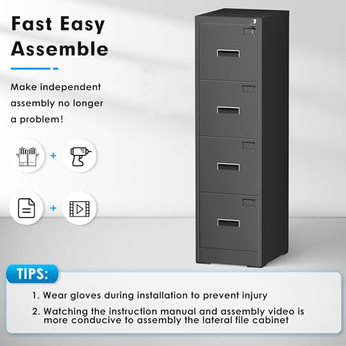 Pataku 4 Drawer File Cabinet, 18” D Vertical File Cabinet with Lock, Black Metal File Cabinet for Home Office, Locking Filing Cabinet for Hanging Letter/Legal Folders, Easy Assemble