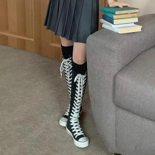 Women's Gothic Canvas Knee High Boot Lace Up Side Zip High Dance Boots Teen Girls Punk Y2K Sneaker Boots School Shoes3