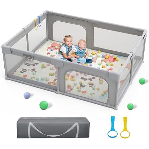 Palopalo 71"x59" Extra Large Baby Playpen, Sturdy Safety Playard for Babies and Toddlers, Baby Activity Center with 8 Suction Cup Bases and Soft Breathable Mesh, Infants Play Pen with Gate, Gray Cover