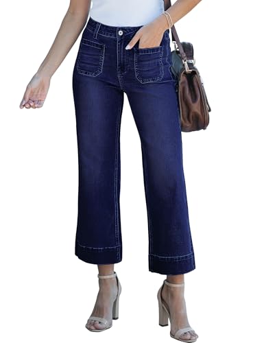 luvamia Wide Leg Jeans for Women Trendy High Waisted Flare Jeans Cropped Denim Pants Stretchy Baggy with Patch Pockets