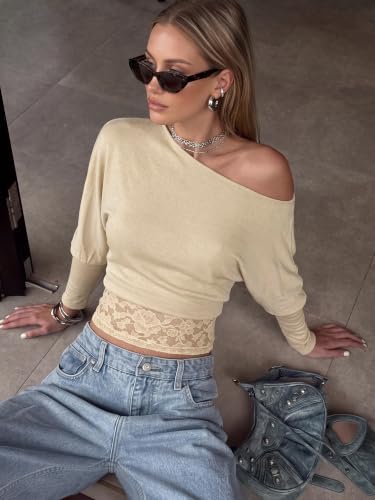 KIRUNDO Womens Fall Trendy Off The Shoulder Tops Sexy Asymmetrical T-Shirts - image 2