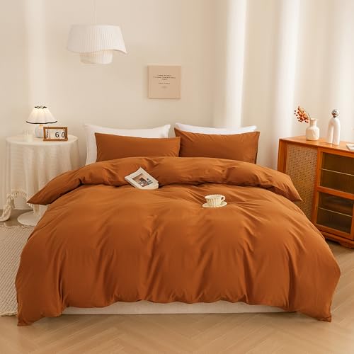 Image of ECOCOTT Orange Duvet Cover King Size, 3 Piece 100% Washed Cotton 1 Duvet Cover with Zipper and 2 Pillowcases, Ultra Soft and Easy Care Breathable Cozy Bedding Set (Orange,King)