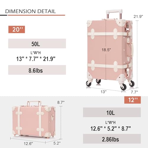 Apelila 2 Piece Vintage Luggage Set PU Leather Luggage with Spinner Wheels, Lightweight Suitcase for Travel( 20"+12") (Retro Pink, 20"+12")