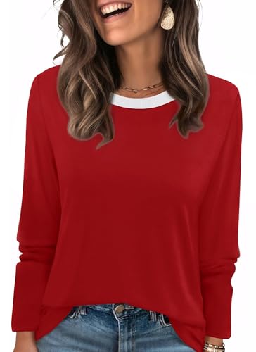 Teacher Outfits for Women Teacher Outfits for Women Color Block Long Sleeve Shirts Early Fall Fashion Winter Clothing 2026 Blouses Dressy Business Casual Boho Tops Trendy Fall Clothes Red 2XL