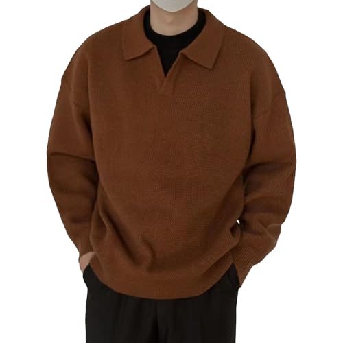 Polo en tricot à manches longues et col en V vintage pour homme