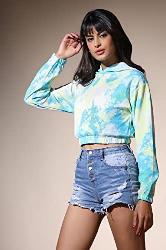 Image of Leriya Fashion Tops for Women | Stretchable Lycra Tie-Dye Print Hoodie Neck Short Western Tops for Girls | Hoodies with Loose Fit Ladies Top | Perfect for Casual | Travel